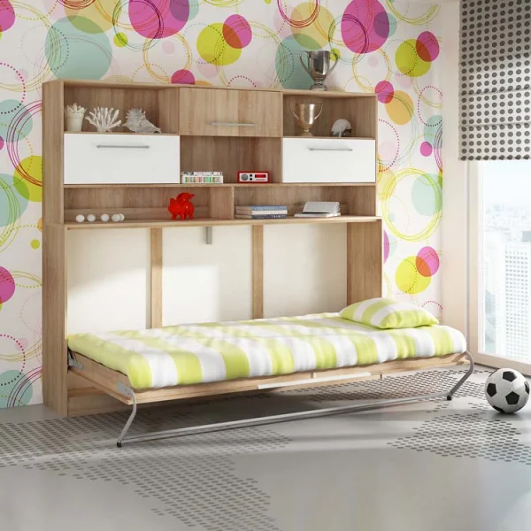 Letto a scomparsa orizzontale 90x200cm singolo con libreria rovere bianco Alvin Gihome®