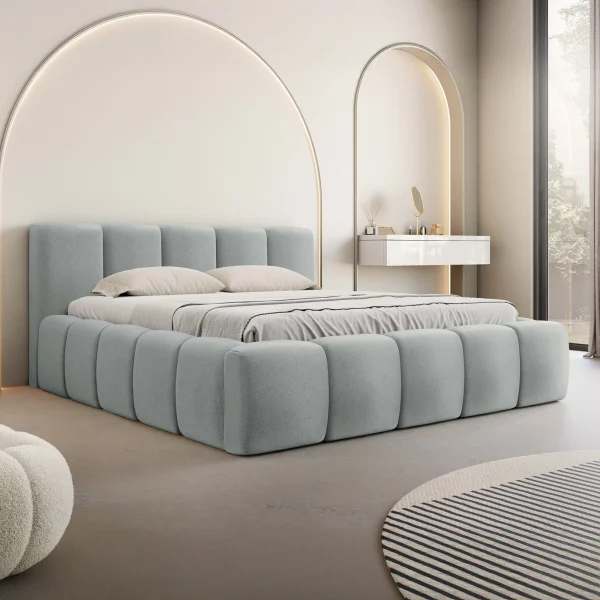 Letto alla francese 140x200cm con rete contenitore imbottito azzurro grigio Aluna