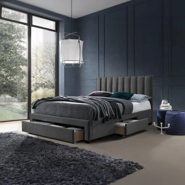 Letto alla francese 140x200cm imbottito con cassettoni grigio Lux