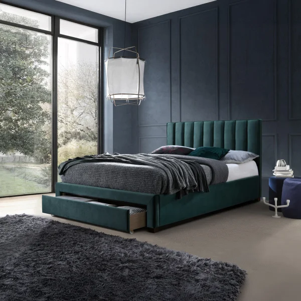 Letto alla francese 140x200cm imbottito con cassettoni verde scuro Lux