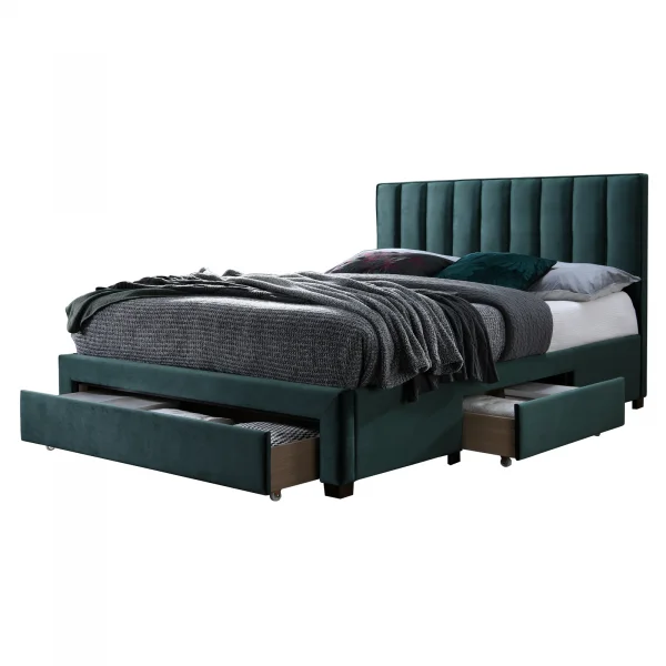 Letto alla francese 140x200cm imbottito con cassettoni verde scuro Lux