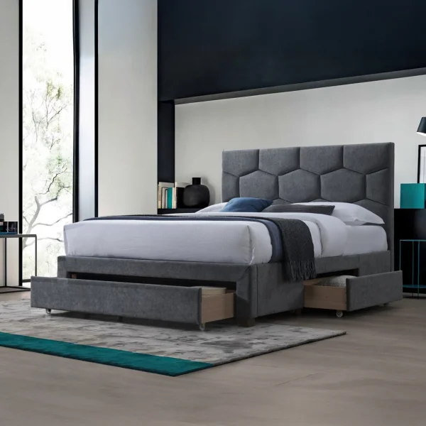 Letto matrimoniale 160x200 cm con rete a doghe imbottito con cassetti contenitore grigio Jay