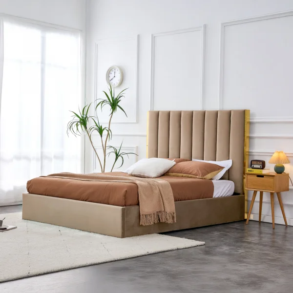 Letto matrimoniale 160x200cm con rete contenitore beige oro Esther