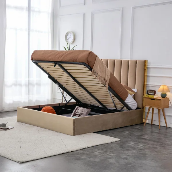 Letto matrimoniale 160x200cm con rete contenitore beige oro Esther