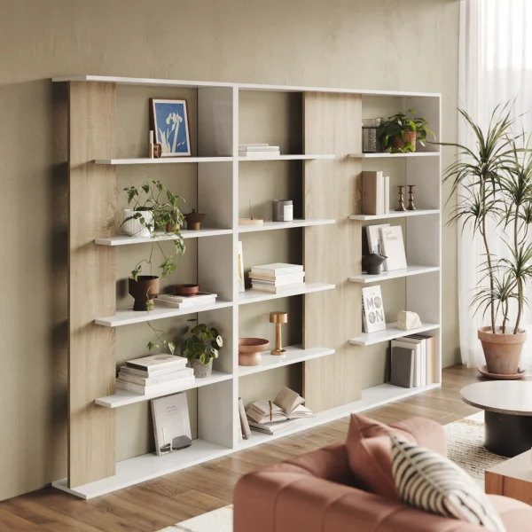 Libreria moderna parete soggiorno 270x180cm rovere bianco Biblio Aline 3