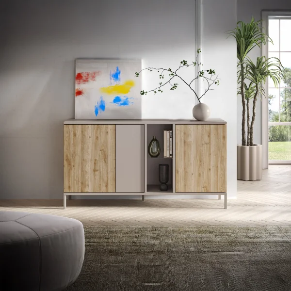 Madia 160x86h cm moderna 3 ante 2 vani soggiorno rovere chiaro beige Silka