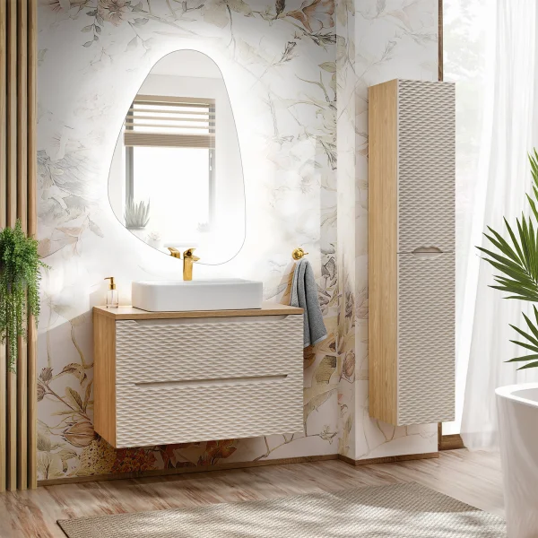 Mobile bagno 130cm con lavabo, specchio e colonna beige rovere Swim