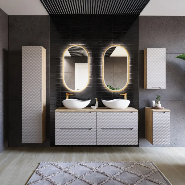 Mobile bagno 215cm con 2 lavabi, colonna, pensile e base sospesa beige rovere Swim