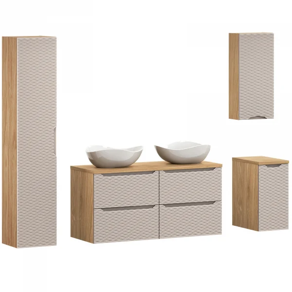 Mobile bagno 215cm con 2 lavabi, colonna, pensile e base sospesa beige rovere Swim