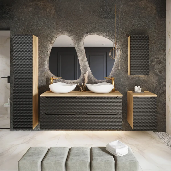 Mobile bagno 215cm con 2 lavabi, colonna, pensile e base sospesa nero rovere Swim