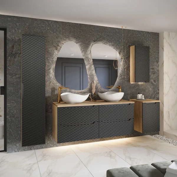 Mobile bagno 215cm con 2 lavabi, colonna, pensile e base sospesa nero rovere Swim