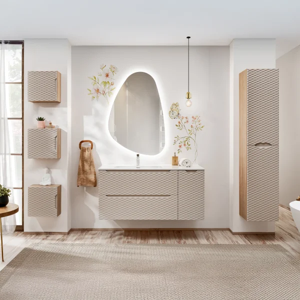 Mobile bagno 220cm con lavabo, specchio, colonna e 3 pensili beige rovere Swim