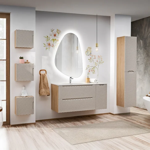 Mobile bagno 220cm con lavabo, specchio, colonna e 3 pensili beige rovere Swim