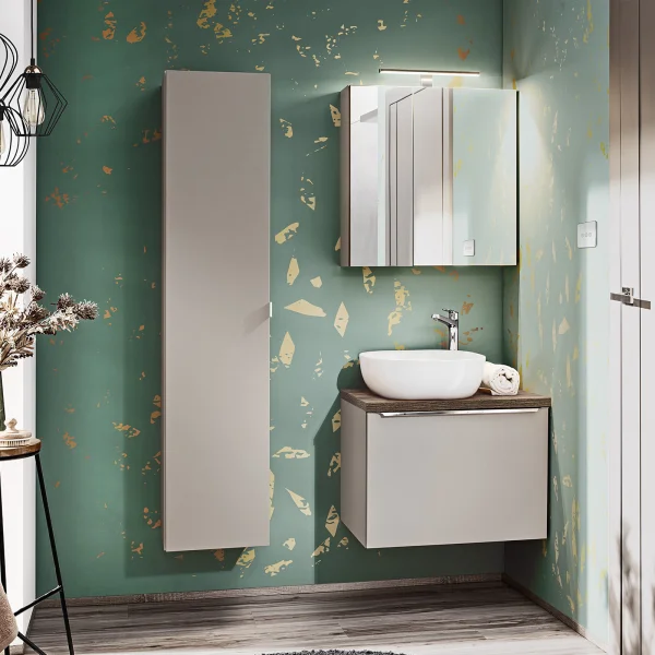 Mobile bagno sospeso 110cm con lavabo, mobile specchio e colonna grigio quercia Serif