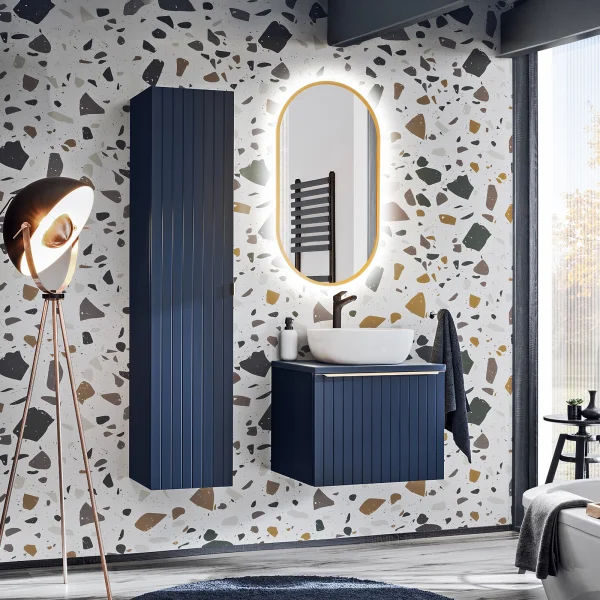 Mobile bagno sospeso 110cm con lavabo, specchio e colonna fresato blu Serif
