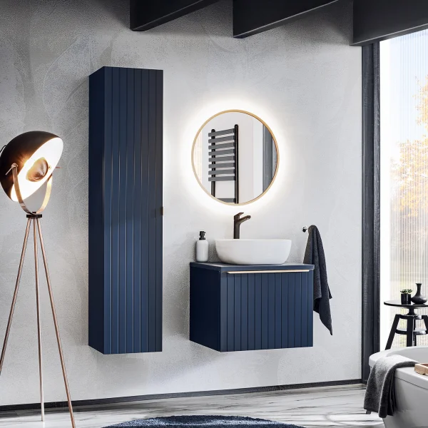 Mobile bagno sospeso 110cm con lavabo, specchio rotondo e colonna fresato blu Serif