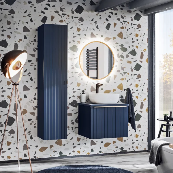 Mobile bagno sospeso 110cm con lavabo, specchio rotondo e colonna fresato blu Serif