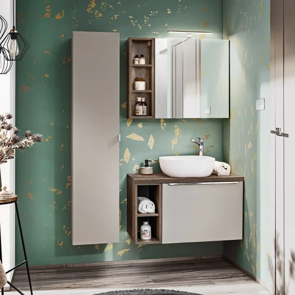 Mobile bagno sospeso 130cm con lavabo, mobile specchio, colonna e vani grigio quercia Serif