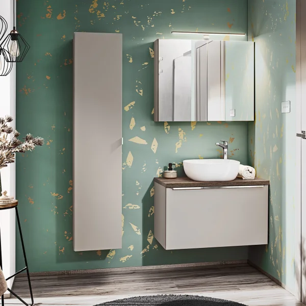 Mobile bagno sospeso 130cm con lavabo, mobile specchio e colonna grigio quercia Serif