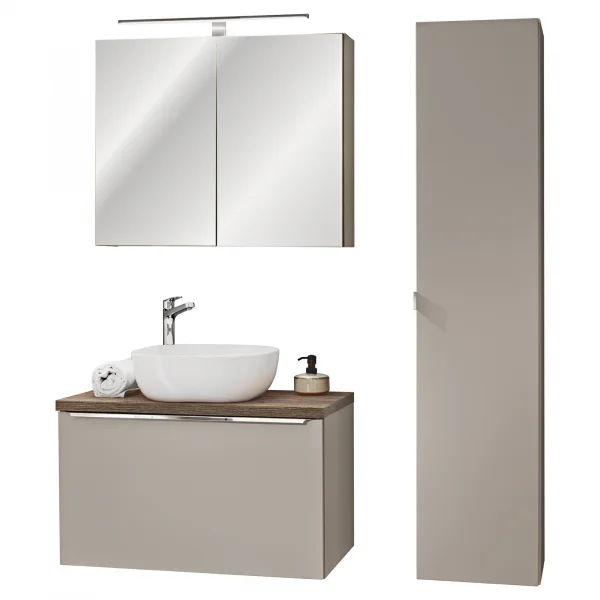 Mobile bagno sospeso 130cm con lavabo, mobile specchio e colonna grigio quercia Serif