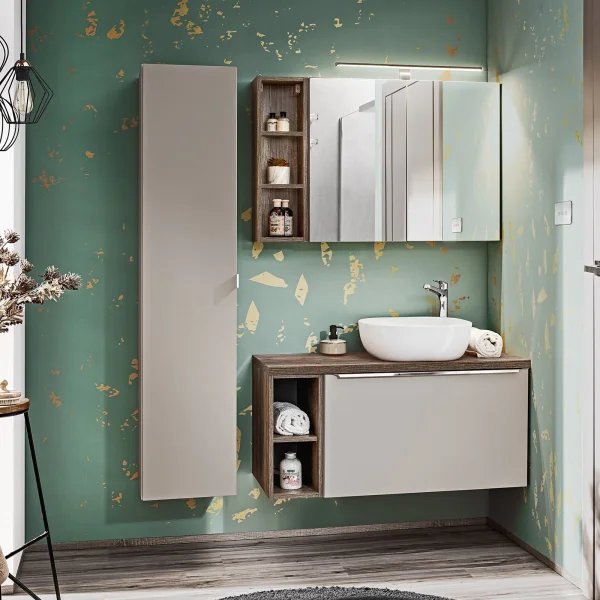 Mobile bagno sospeso 150cm con lavabo, mobile specchio e colonna grigio quercia Serif