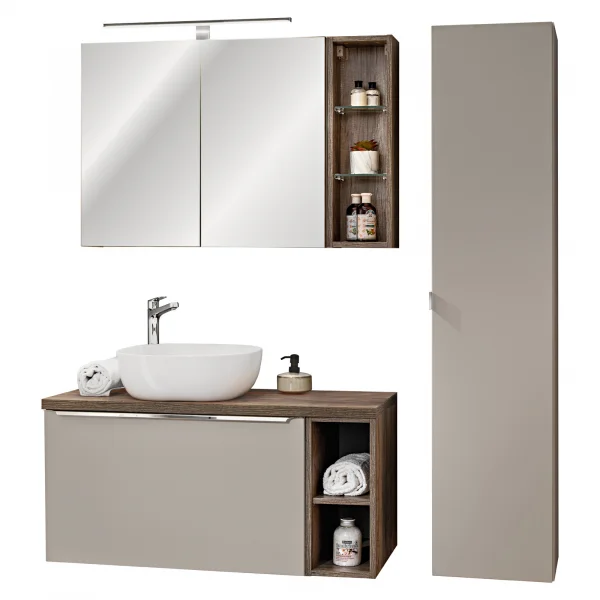 Mobile bagno sospeso 150cm con lavabo, mobile specchio e colonna grigio quercia Serif