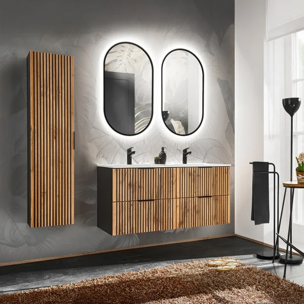 Mobile bagno sospeso 170cm cm con 2 lavabi da incasso, 2 specchi e colonna quercia antracite Limpid