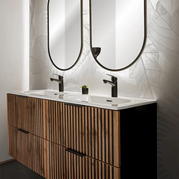 Mobile bagno sospeso 170cm cm con 2 lavabi da incasso, 2 specchi e colonna quercia antracite Limpid