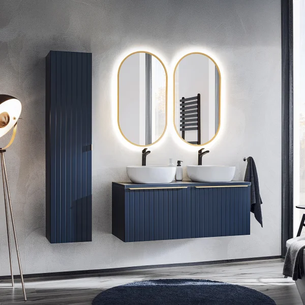 Mobile bagno sospeso 170cm con 2 lavabi, 2 specchi e colonna fresato blu Serif