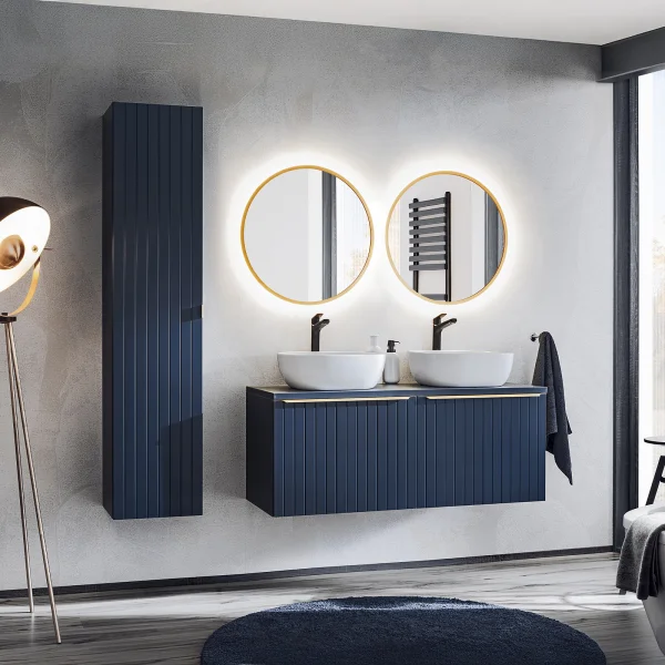 Mobile bagno sospeso 170cm con 2 lavabi, 2 specchi rotondi e colonna fresato blu Serif