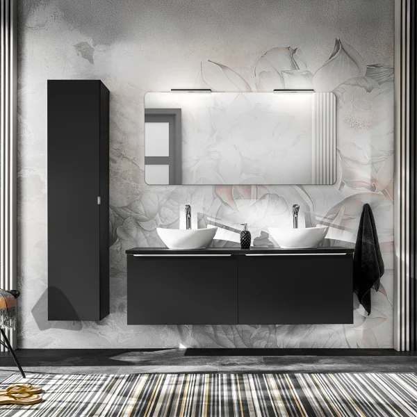 Mobile bagno sospeso 170cm con 2 lavabi, specchio e colonna nero Serif