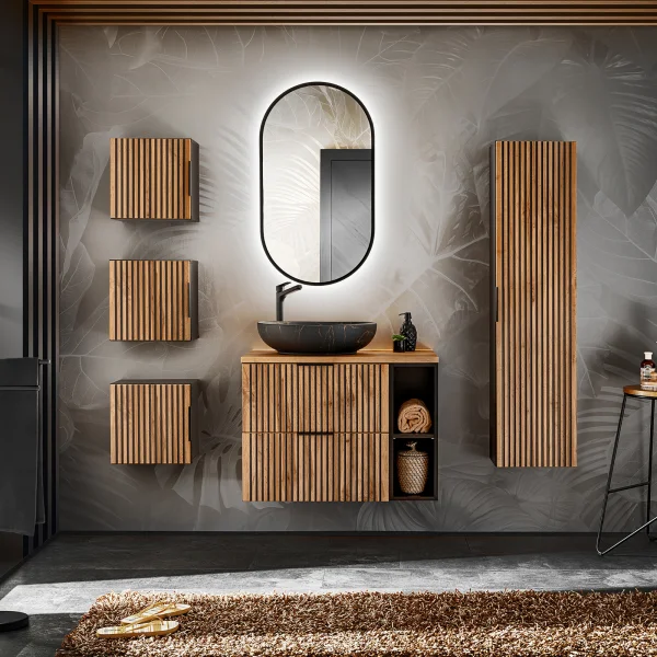 Mobile bagno sospeso 180cm cm con lavabo, specchio, colonna e cubotti quercia antracite Limpid