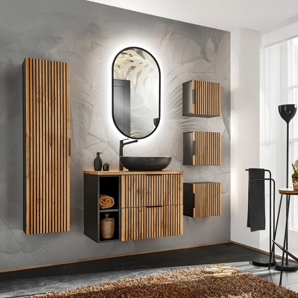 Mobile bagno sospeso 180cm cm con lavabo, specchio, colonna e cubotti quercia antracite Limpid