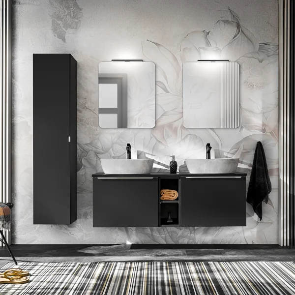 Mobile bagno sospeso 190cm con 2 lavabi, specchio e colonna nero Serif