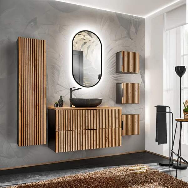 Mobile bagno sospeso 200cm cm con lavabo, specchio, colonna e cubotti quercia antracite Limpid