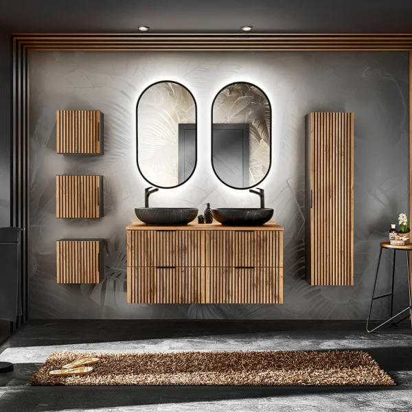Mobile bagno sospeso 220cm cm con 2 lavabi da appoggio, 2 specchi, colonna e cubotti quercia antracite Limpid