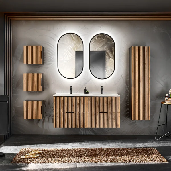 Mobile bagno sospeso 220cm cm con 2 lavabi da incasso, 2 specchi, colonna e cubotti quercia antracite Limpid