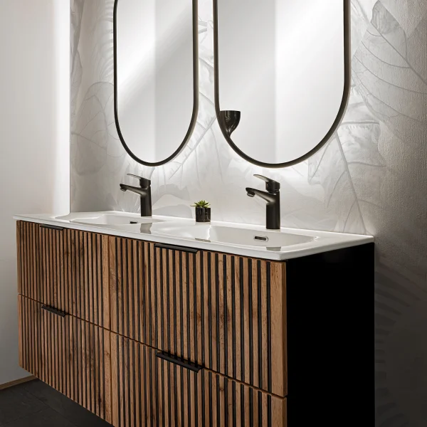 Mobile bagno sospeso 220cm cm con 2 lavabi da incasso, 2 specchi, colonna e cubotti quercia antracite Limpid