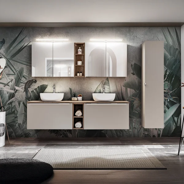 Mobile bagno sospeso 230cm con 2 lavabi, 2 mobili specchio e colonna grigio quercia Serif