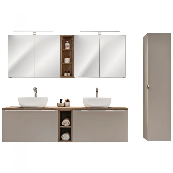 Mobile bagno sospeso 230cm con 2 lavabi, 2 mobili specchio e colonna grigio quercia Serif