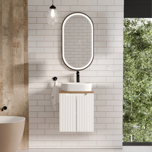 Mobile bagno sospeso 50cm cannettato 2 ante bianco rovere Cleany