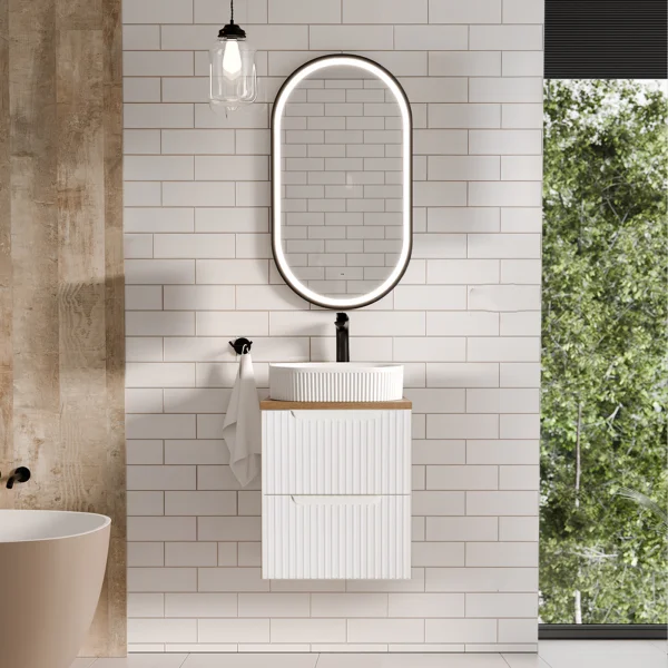 Mobile bagno sospeso 50cm cannettato 2 cassetti bianco rovere Cleany