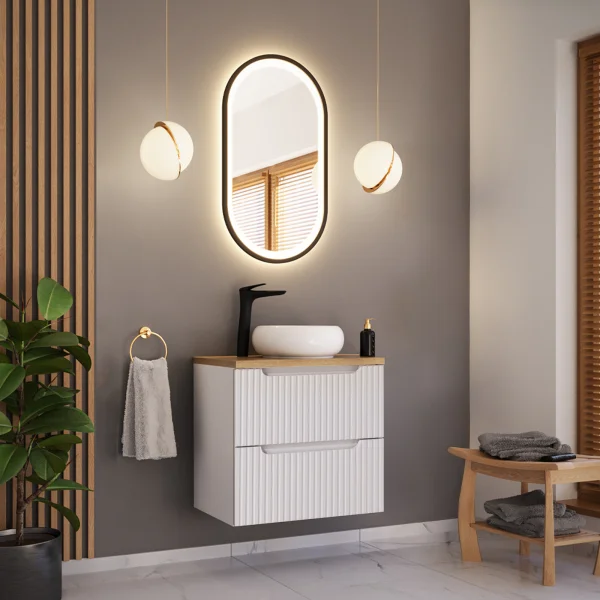Mobile bagno sospeso 60cm cannettato 2 cassetti bianco rovere Cleany