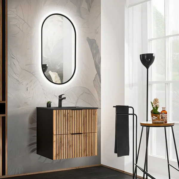 Mobile bagno sospeso 60cm cm con lavabo nero da incasso quercia antracite Limpid