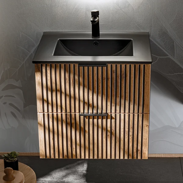 Mobile bagno sospeso 60cm cm con lavabo nero da incasso quercia antracite Limpid