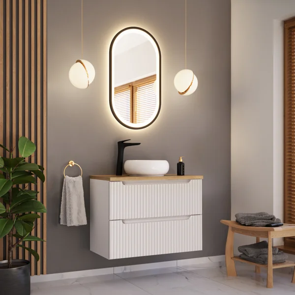 Mobile bagno sospeso 80cm cannettato 2 cassetti bianco rovere Cleany