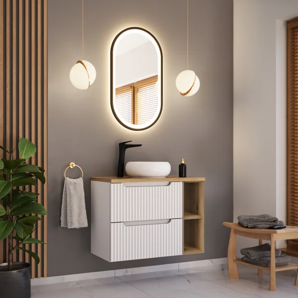 Mobile bagno sospeso 80cm cannettato 2 cassetti e vani bianco rovere Cleany