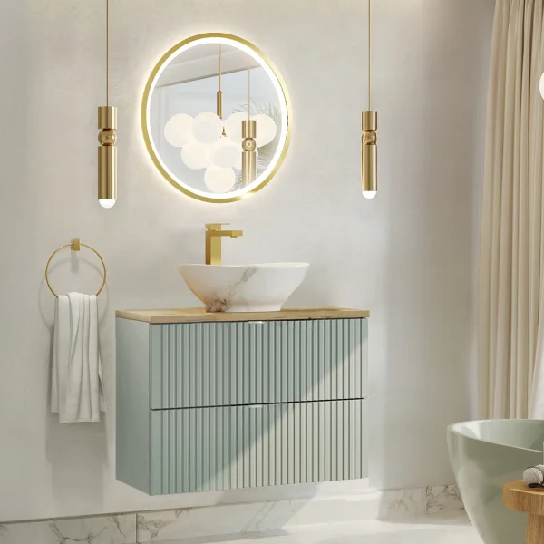 Mobile bagno sospeso 80cm cannettato 2 cassetti verde salvia rovere Greeny