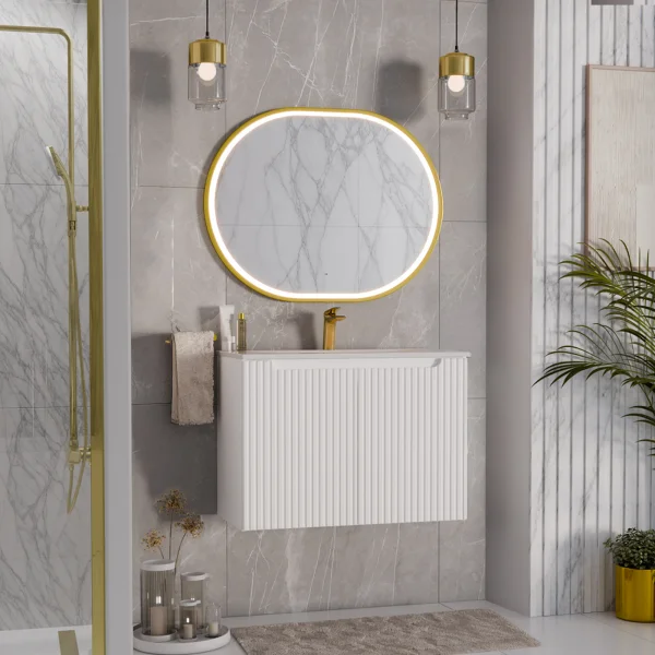 Mobile bagno sospeso 80cm cannettato con lavabo 2 ante bianco Cleany