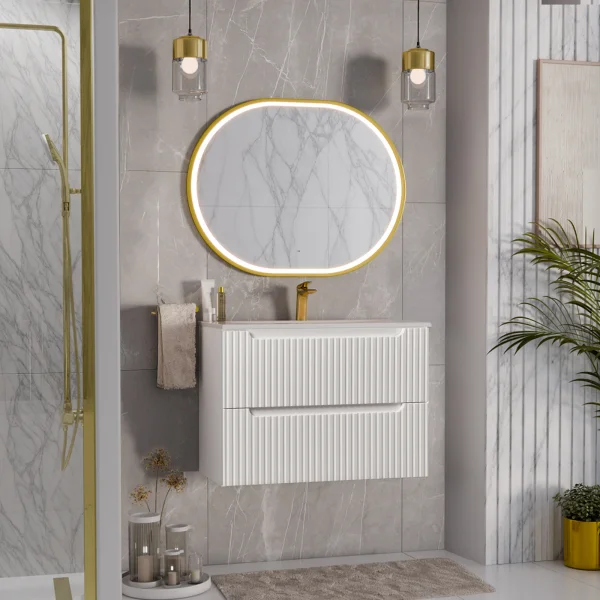 Mobile bagno sospeso 80cm cannettato con lavabo 2 cassetti bianco Cleany